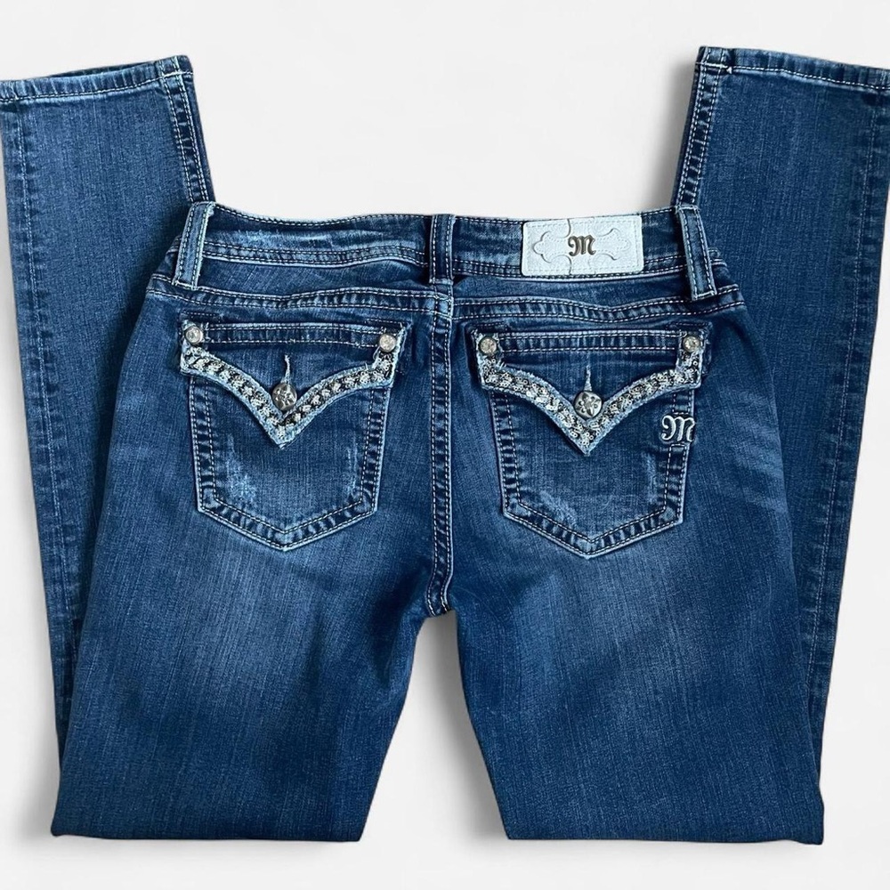Miss Me Blue Straight Leg Jeans with Decorative Back